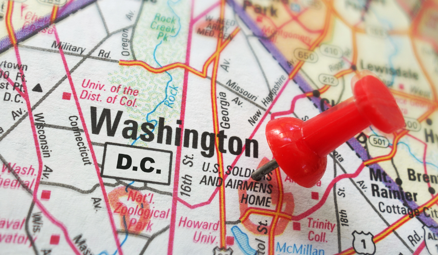 DC remote online notarization: Map of Washington DC with a red thumbtack