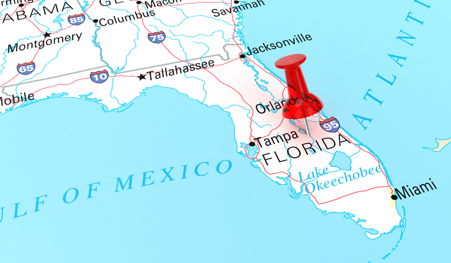 map of Florida situated between the Gulf of Mexico and Atlantic Ocean