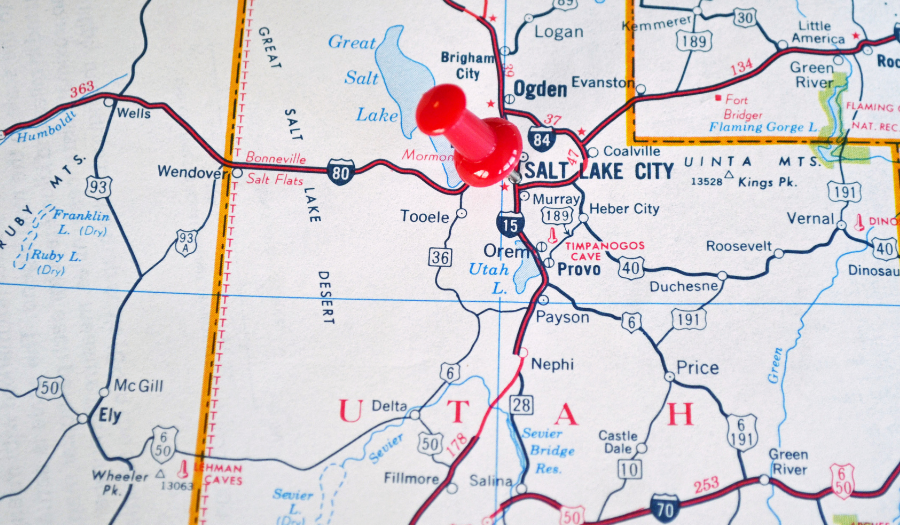 map of Utah with a red thumbtack near Salt Lake City