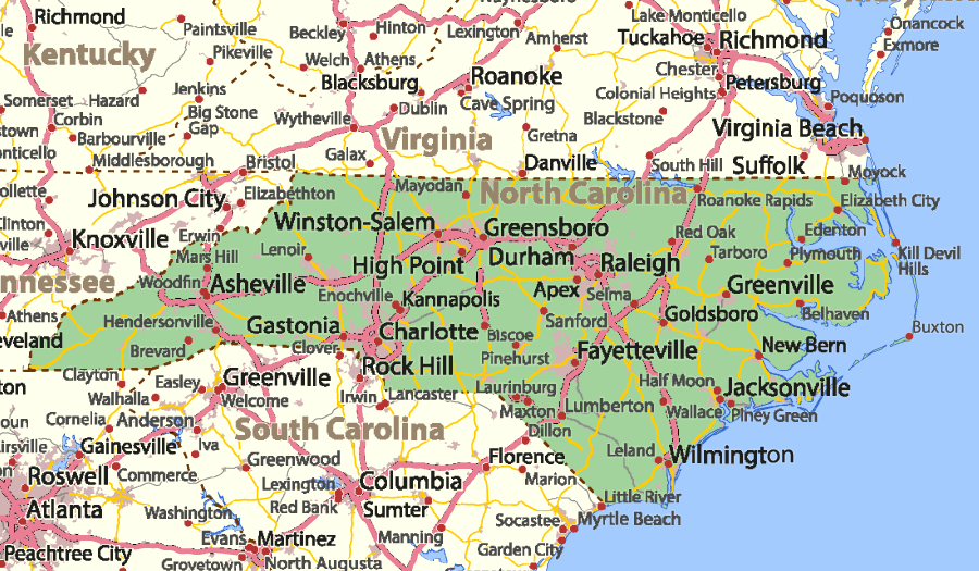 A close-up picture of a North Carolina map