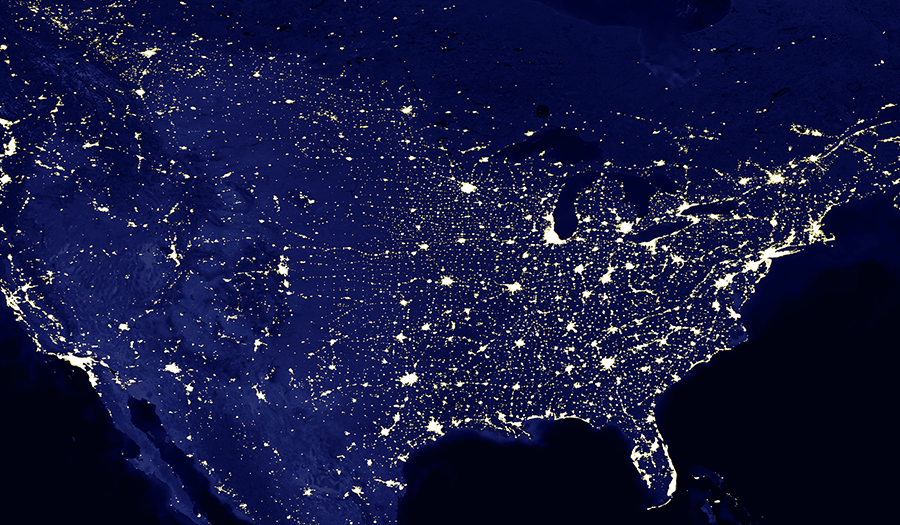 A photo of the United States lit up at night 