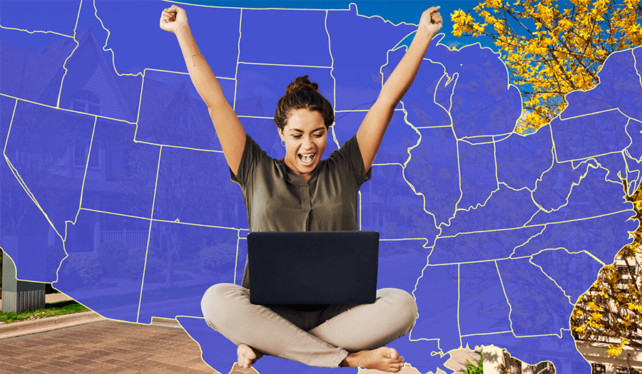 A graphic of a woman on a laptop electronically closing on a house in a state that allows remote online notarization